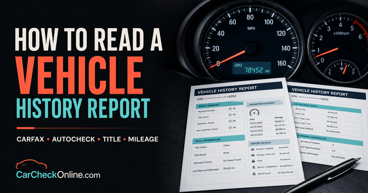 Vehicle history report pages beside an illuminated odometer