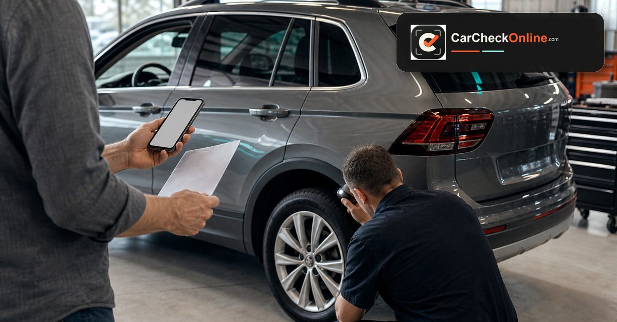 Independent mechanic reviewing a used car with its vehicle-history report