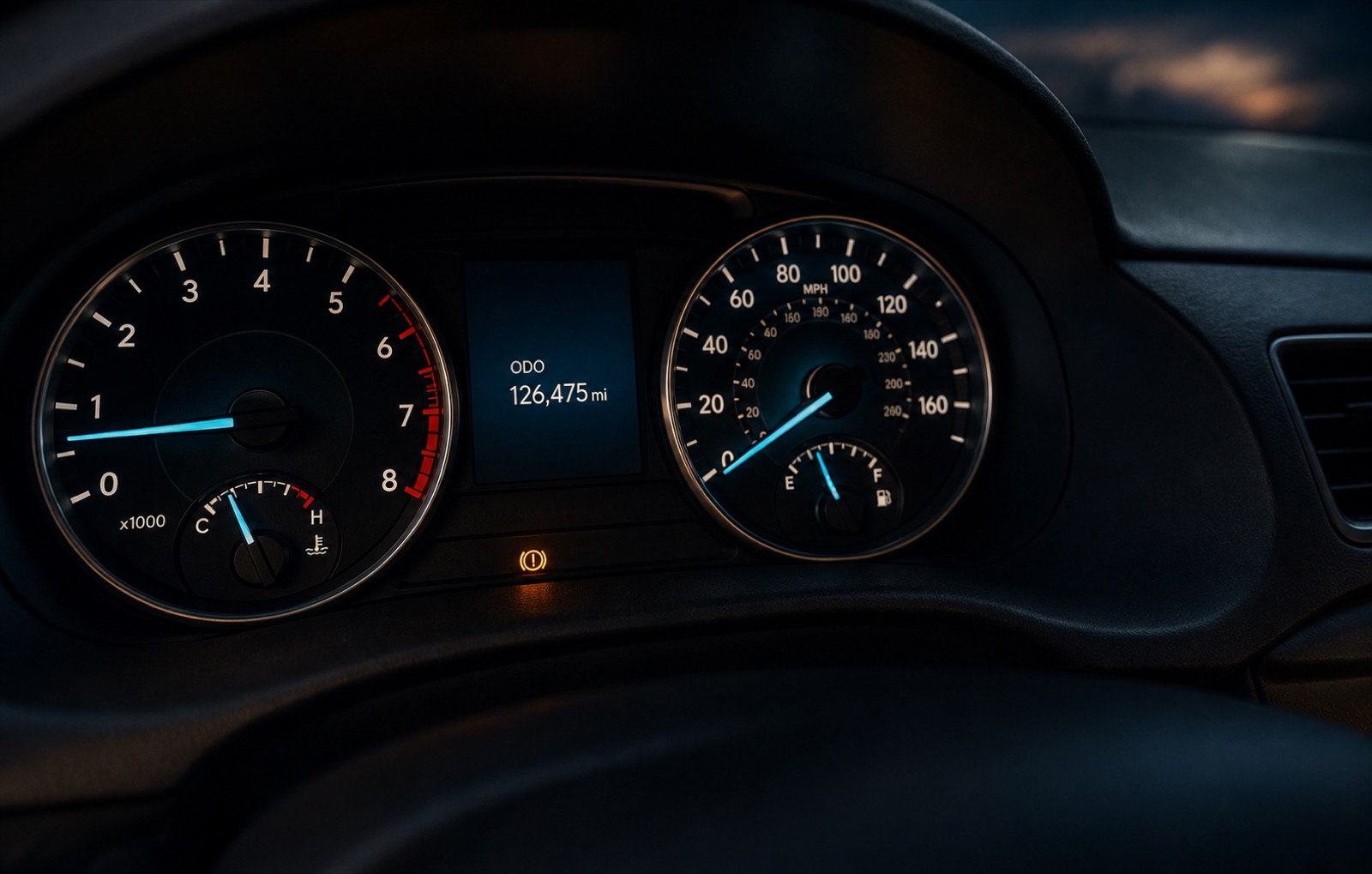Close-up of an illuminated vehicle instrument cluster and odometer