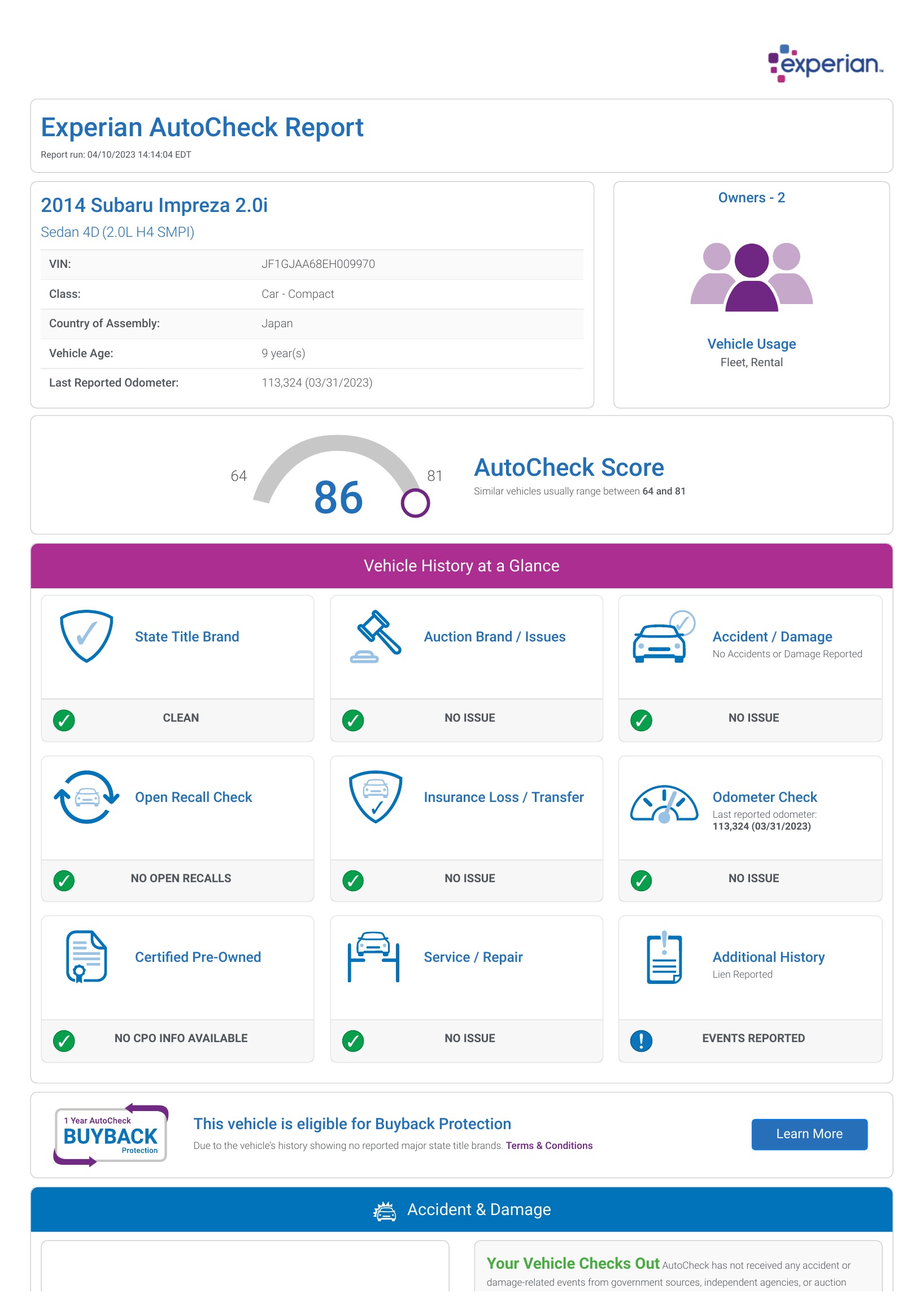 First page preview of the real Experian AutoCheck sample report