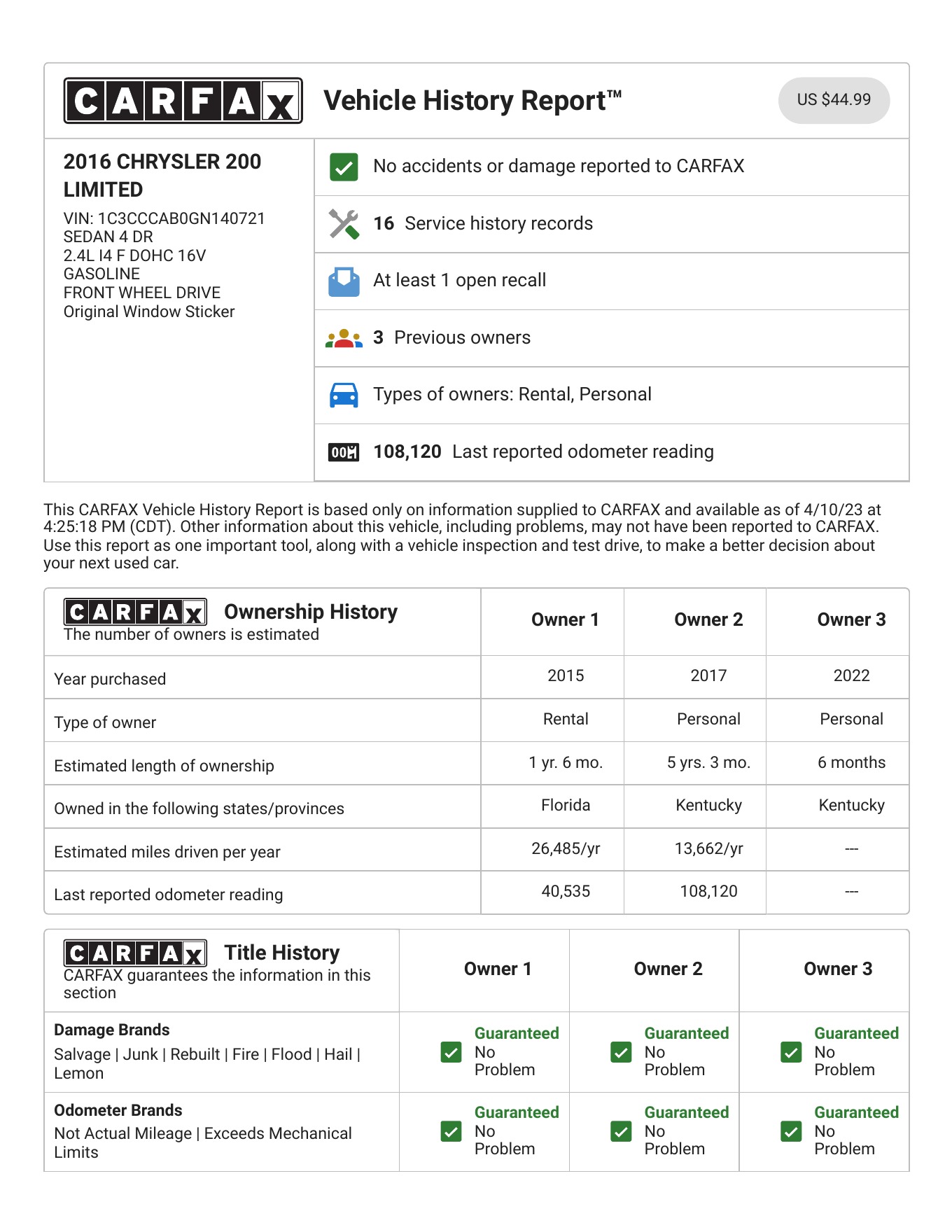 First page preview of the real CARFAX sample report