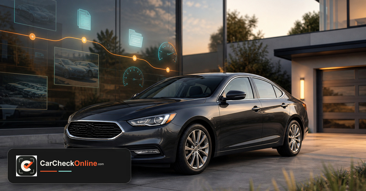 CarCheckOnline used-car accident history guide with a vehicle and report graphics